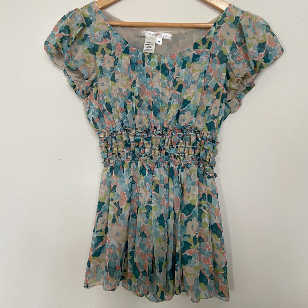 StudioM blue flowy ruffle work business blouse top